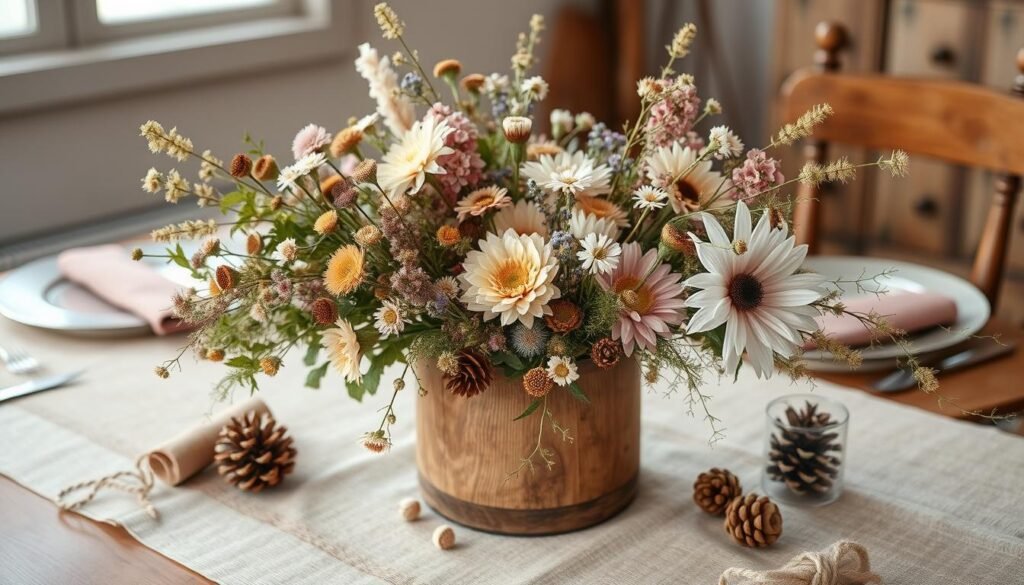 rustikale Tischdekoration mit Blumen