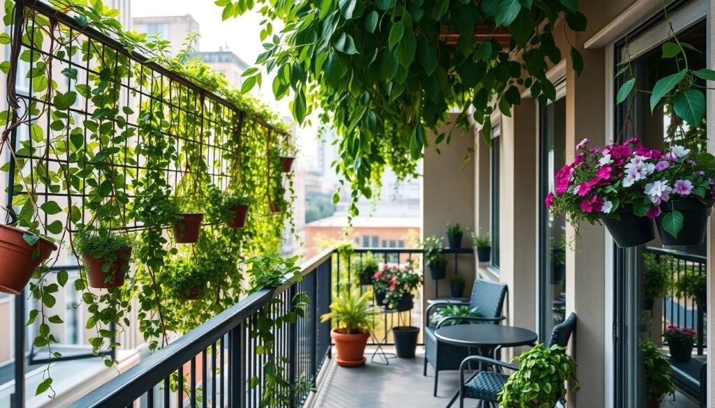 Vertikale Gärten auf einem schmalen Balkon