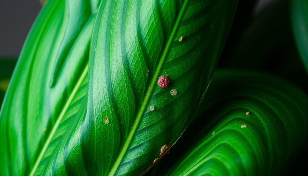 A close-up, highly detailed image of an Elephant's Foot plant (Dracaena frangrens), showcasing the distinct texture and patterns of its leaves and stems. The lighting is soft and natural, accentuating the vibrant green hues and subtle variegations. The focus is sharp, capturing the intricate veining and subtle imperfections that may indicate potential diseases or pest infestations. The background is slightly blurred, keeping the attention on the plant's foliage. The overall mood is one of scientific observation, inviting the viewer to closely examine the plant's condition and identify any signs of health concerns.
