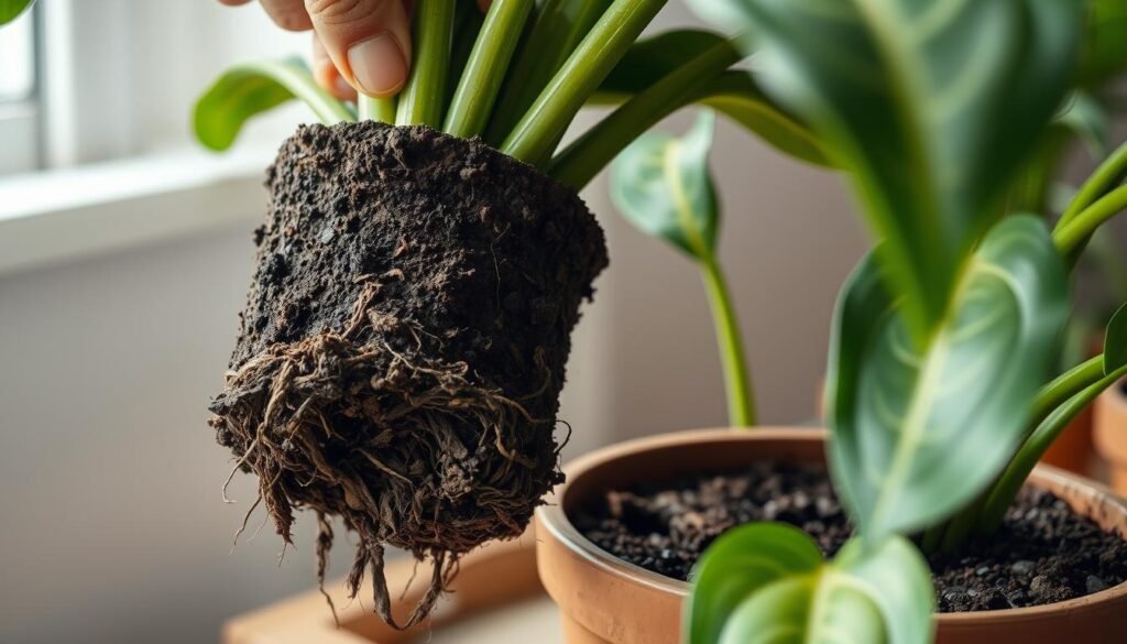 A close-up photograph of an Elephant's Foot plant (Dracaena) being carefully repotted, shown in the foreground. The plant is being gently lifted out of its old pot, revealing the dense, fibrous root system. The new, slightly larger pot is visible in the middle ground, filled with fresh, nutrient-rich potting soil. Soft, diffused natural light streams in from the left, casting gentle shadows and highlights on the verdant leaves and soil. The composition is balanced, with the plant centered and filling the frame. The overall mood is one of care, attention, and reverence for the life of the plant.