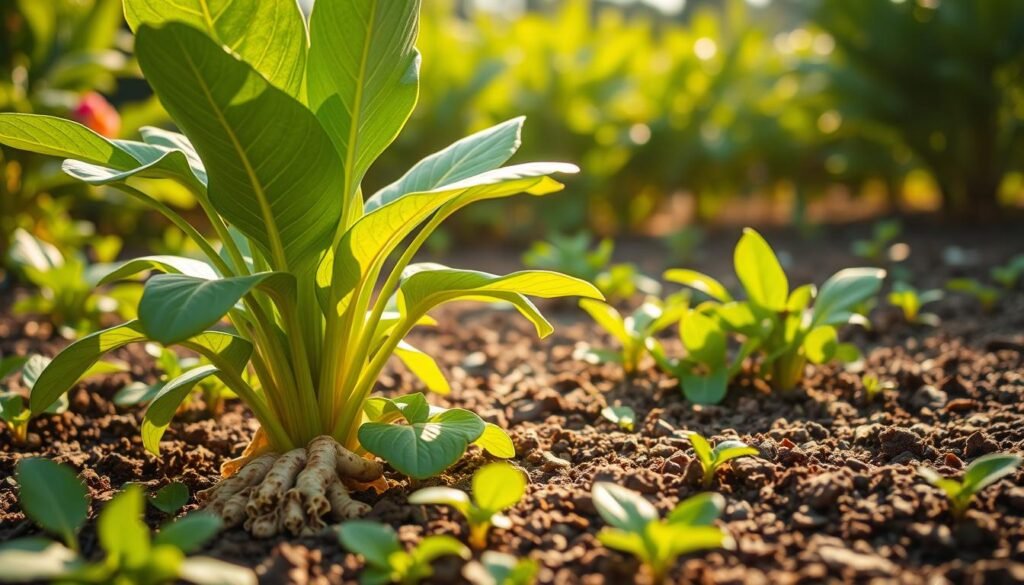 A lush and vibrant ginger plant thriving in a well-tended garden bed, illuminated by warm afternoon sunlight. The large, green leaves sway gently in a soft breeze, revealing the thick, golden rhizomes peeking out from the rich, loamy soil. In the foreground, a magnified view showcases the intricate patterns and textures of the ginger plant's stems and foliage, while the background gradually blurs into a hazy, out-of-focus landscape of flourishing flora. The scene conveys a sense of vitality, growth, and the beauty of cultivating this aromatic medicinal herb in a peaceful, natural setting.