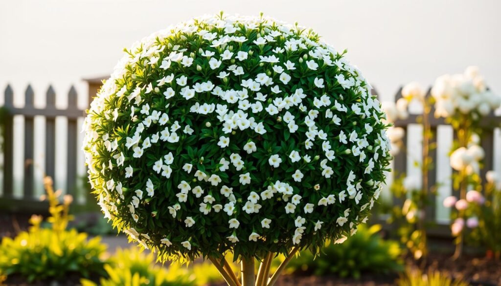 A lush, white-blooming shrub standing in a well-tended garden, its delicate flowers softly illuminated by the warm, golden sunlight. The shrub's rounded, symmetrical shape fills the frame, its foliage a vibrant, verdant green. The background is a harmonious blend of pastel hues, perhaps a few other flowering plants or a wooden fence, creating a serene, bucolic atmosphere. The overall impression is one of natural beauty, tranquility, and the quintessential charm of a flourishing garden. A lush, white-blooming shrub standing in a well-tended garden, its delicate flowers softly illuminated by the warm, golden sunlight. The shrub's rounded, symmetrical shape fills the frame, its foliage a vibrant, verdant green. The background is a harmonious blend of pastel hues, perhaps a few other flowering plants or a wooden fence, creating a serene, bucolic atmosphere. The overall impression is one of natural beauty, tranquility, and the quintessential charm of a flourishing garden.