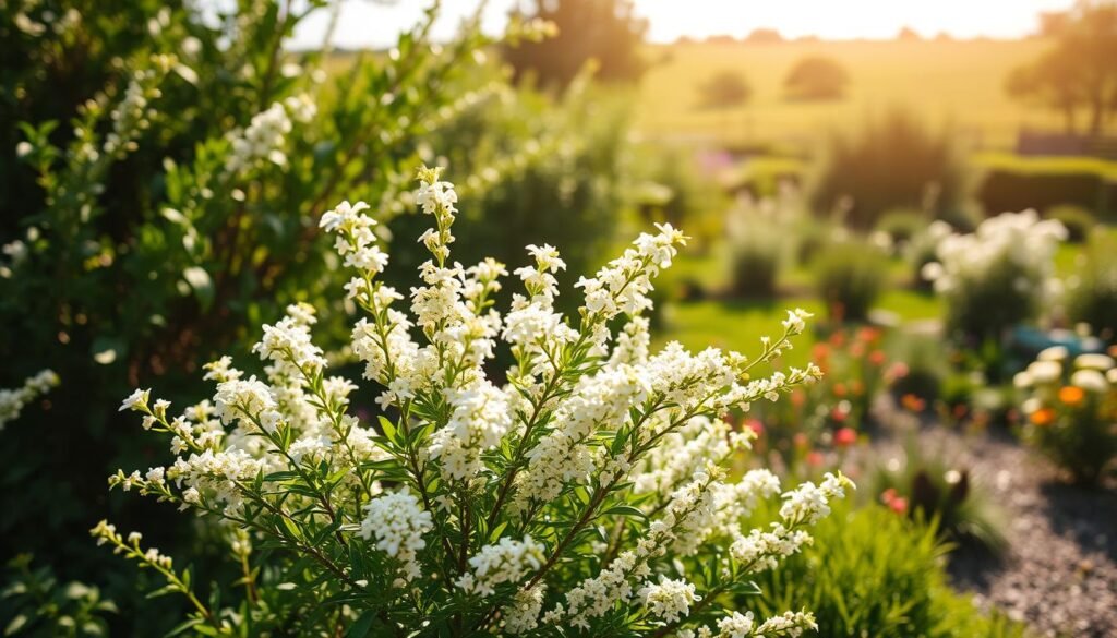 A lush, white-flowering shrub in a sun-dappled garden, its delicate blossoms gently swaying in the summer breeze. The shrub stands prominently in the middle ground, its evergreen foliage providing a lush, textured backdrop. The background features a softly blurred, verdant landscape, with hints of other flowering plants and trees. The lighting is natural and warm, creating a serene, idyllic atmosphere. The camera angle is slightly elevated, allowing the viewer to appreciate the graceful form and abundant blooms of the ornamental shrub. Overall, the image conveys the beauty and tranquility of a summertime garden, highlighting the allure of this white-flowering ornamental plant. A lush, white-flowering shrub in a sun-dappled garden, its delicate blossoms gently swaying in the summer breeze. The shrub stands prominently in the middle ground, its evergreen foliage providing a lush, textured backdrop. The background features a softly blurred, verdant landscape, with hints of other flowering plants and trees. The lighting is natural and warm, creating a serene, idyllic atmosphere. The camera angle is slightly elevated, allowing the viewer to appreciate the graceful form and abundant blooms of the ornamental shrub. Overall, the image conveys the beauty and tranquility of a summertime garden, highlighting the allure of this white-flowering ornamental plant.