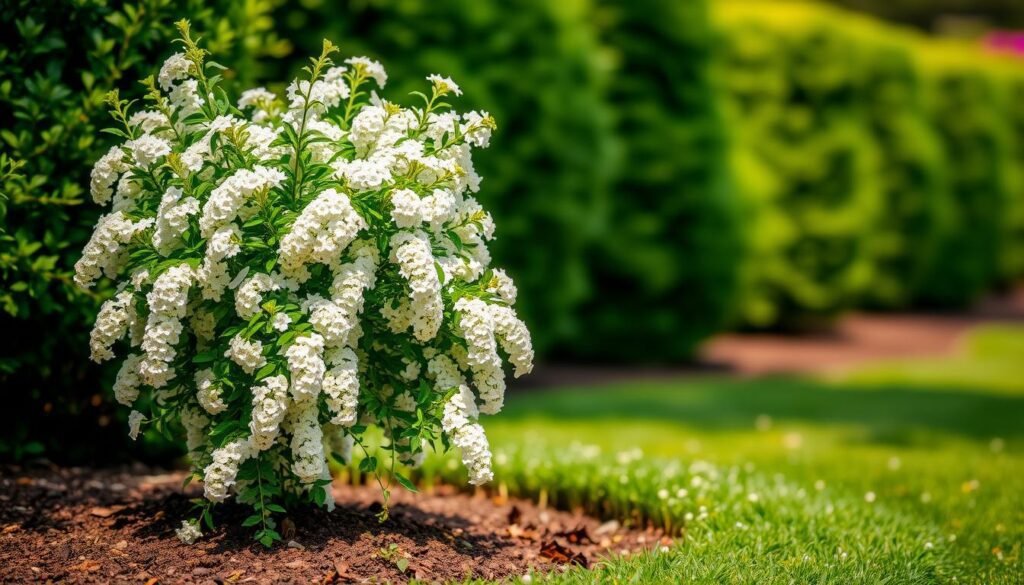 A lush, white-flowering shrub stands prominently in a well-manicured garden. The vibrant blooms cascade softly in the gentle breeze, their delicate petals catching the warm sunlight. The shrub's dense, green foliage provides a natural backdrop, contrasting beautifully with the pristine white flowers. In the foreground, the soil appears rich and fertile, optimized for the shrub's growth. A shallow depth of field highlights the subject, while the background gently blurs into an out-of-focus, verdant scene. This serene, natural composition evokes a sense of tranquility and the ideal growing conditions for a thriving, white-flowering garden shrub. A lush, white-flowering shrub stands prominently in a well-manicured garden. The vibrant blooms cascade softly in the gentle breeze, their delicate petals catching the warm sunlight. The shrub's dense, green foliage provides a natural backdrop, contrasting beautifully with the pristine white flowers. In the foreground, the soil appears rich and fertile, optimized for the shrub's growth. A shallow depth of field highlights the subject, while the background gently blurs into an out-of-focus, verdant scene. This serene, natural composition evokes a sense of tranquility and the ideal growing conditions for a thriving, white-flowering garden shrub.