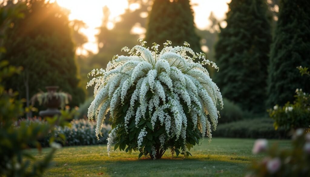 A solitary, white-blooming bush stands in a serene garden setting. Delicate, snow-white flowers cascade gracefully from the lush, verdant foliage, illuminated by warm, diffused sunlight filtering through a softly overcast sky. The bush is the focal point, positioned centrally in the frame and framed by a harmonious composition of complementary greens and neutral tones. The image has a tranquil, elegant atmosphere, inviting the viewer to appreciate the natural beauty and tranquility of the white-flowering shrub. A solitary, white-blooming bush stands in a serene garden setting. Delicate, snow-white flowers cascade gracefully from the lush, verdant foliage, illuminated by warm, diffused sunlight filtering through a softly overcast sky. The bush is the focal point, positioned centrally in the frame and framed by a harmonious composition of complementary greens and neutral tones. The image has a tranquil, elegant atmosphere, inviting the viewer to appreciate the natural beauty and tranquility of the white-flowering shrub.