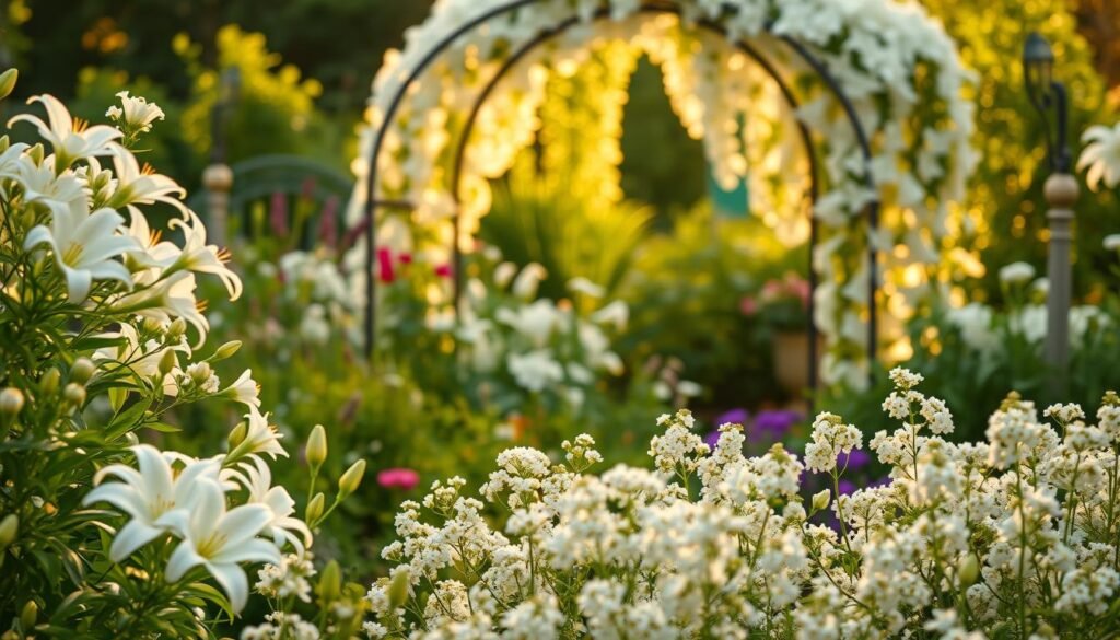 weiß blühende pflanzen im garten