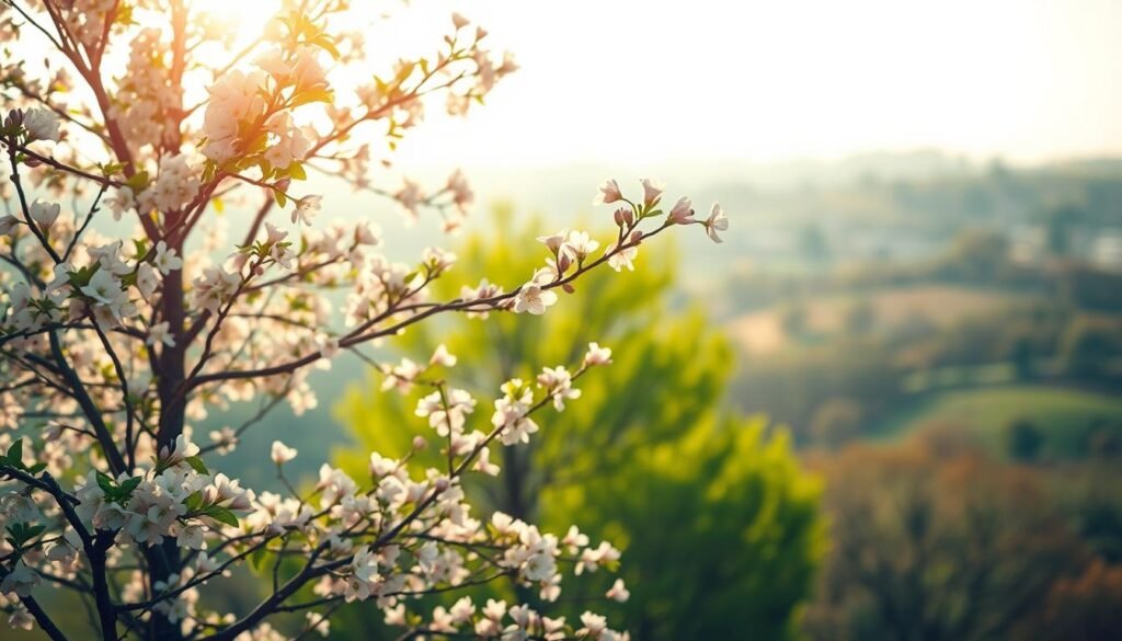 A blooming tree in springtime, its delicate flowers unfurling against a soft, hazy backdrop. The scene is bathed in warm, golden sunlight, casting a gentle glow over the verdant foliage. The tree stands tall and proud, its branches swaying gently in a light breeze. The foreground is a riot of pastel-colored blossoms, their petals delicately unfurled, while the middle ground features a lush, verdant canopy of leaves. In the background, a blurred landscape of rolling hills and distant trees creates a sense of depth and tranquility. The overall mood is one of renewal, vitality, and the joyful awakening of nature in the springtime.
