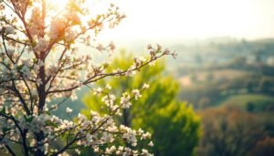 A blooming tree in springtime, its delicate flowers unfurling against a soft, hazy backdrop. The scene is bathed in warm, golden sunlight, casting a gentle glow over the verdant foliage. The tree stands tall and proud, its branches swaying gently in a light breeze. The foreground is a riot of pastel-colored blossoms, their petals delicately unfurled, while the middle ground features a lush, verdant canopy of leaves. In the background, a blurred landscape of rolling hills and distant trees creates a sense of depth and tranquility. The overall mood is one of renewal, vitality, and the joyful awakening of nature in the springtime.