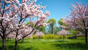A charming early spring scene of flourishing trees in vibrant bloom, their delicate petals gently swaying in a soft breeze. The foreground features a cluster of blossoming trees in shades of delicate pink and white, their branches reaching skyward against a clear, azure backdrop. The middle ground showcases a lush, verdant meadow dotted with wildflowers, creating a serene and naturalistic setting. In the background, a line of stately, leafy trees stand tall, their emerald foliage providing a sense of depth and tranquility. The lighting is soft and diffused, creating a warm, inviting atmosphere that captures the essence of nature's springtime awakening.