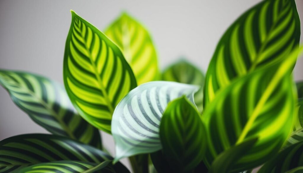A close-up photograph of several lush, vibrant Calathea plant leaves in the foreground, showcasing their distinct patterns and textures. The leaves should be well-lit, with soft, diffused natural lighting creating gentle shadows and highlights that accentuate the plant's unique features. The background should be blurred and out of focus, creating a serene, minimalist composition that draws the viewer's attention to the captivating details of the Calathea. The overall mood should be one of tranquility and appreciation for the beauty of this houseplant, reflecting the &quot;Grundlegende Pflegetipps&quot; section of the article.