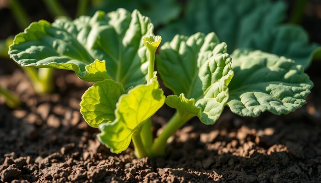 A close-up shot of a lush, verdant pumpkin seedling with vibrant, deeply lobed leaves emerging from the soil. The plant is bathed in soft, diffused natural light, casting gentle shadows on the earthy background. The scene exudes a sense of healthy growth and vitality, conveying the care and attention required during the critical early stages of the pumpkin's lifecycle. The composition emphasizes the delicate beauty and promise of the young plant, inviting the viewer to appreciate the nurturing process that will lead to a bountiful harvest.