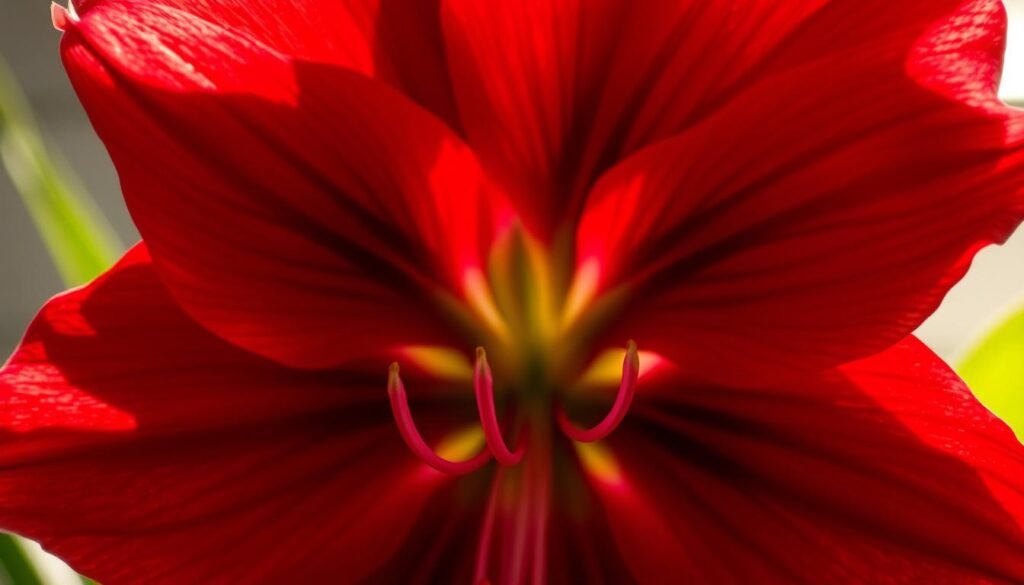 A close-up shot of a vibrant Amaryllis Hippeastrum flower in full bloom. The lush, trumpet-shaped petals radiate outward in a spectrum of deep red hues, creating a striking focal point. Soft, directional lighting illuminates the intricate textures and velvety sheen of the petals, casting delicate shadows that accentuate their voluptuous form. The flower is framed against a blurred, dreamy background that allows the blossom to take center stage, highlighting its botanical elegance and natural beauty. This detailed, high-resolution image captures the essence of the Amaryllis, perfectly suited to illustrate the "Amaryllis: An Botanical Overview" section of the article.