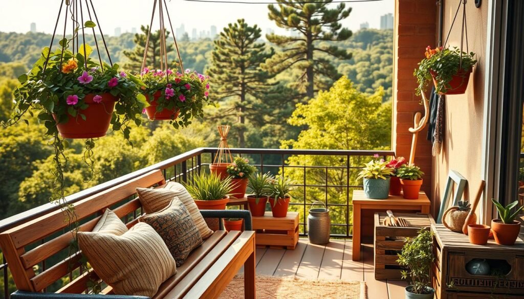 A cozy and inviting balcony scene with an array of DIY projects, bathed in warm, golden sunlight. In the foreground, a chic wooden bench adorned with plush cushions and throw pillows. Hanging planters overflowing with cascading vines and vibrant flowers frame the scene. In the middle ground, a small DIY potting station with terracotta pots, gardening tools, and an upcycled crate serving as a makeshift planter. The background features a lush, verdant setting with towering trees and a glimpse of the cityscape beyond, creating a tranquil, urban oasis. The overall atmosphere is one of relaxation, creativity, and a touch of rustic charm.