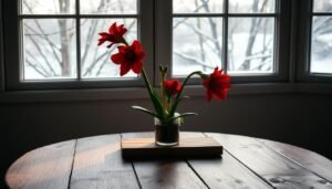 A cozy winter scene featuring a stunning Amaryllis plant in full bloom, its vibrant red blossoms standing out against a muted, snowy backdrop. The plant is placed on a weathered wooden table, accentuated by a soft, warm lighting that casts a gentle glow, creating a serene and inviting atmosphere. The scene is framed by a window, allowing for a glimpse of the outside world, with bare trees and a light dusting of snow visible beyond. The overall composition evokes a sense of tranquility and the anticipation of the plant's revival as it prepares for a new season of growth.