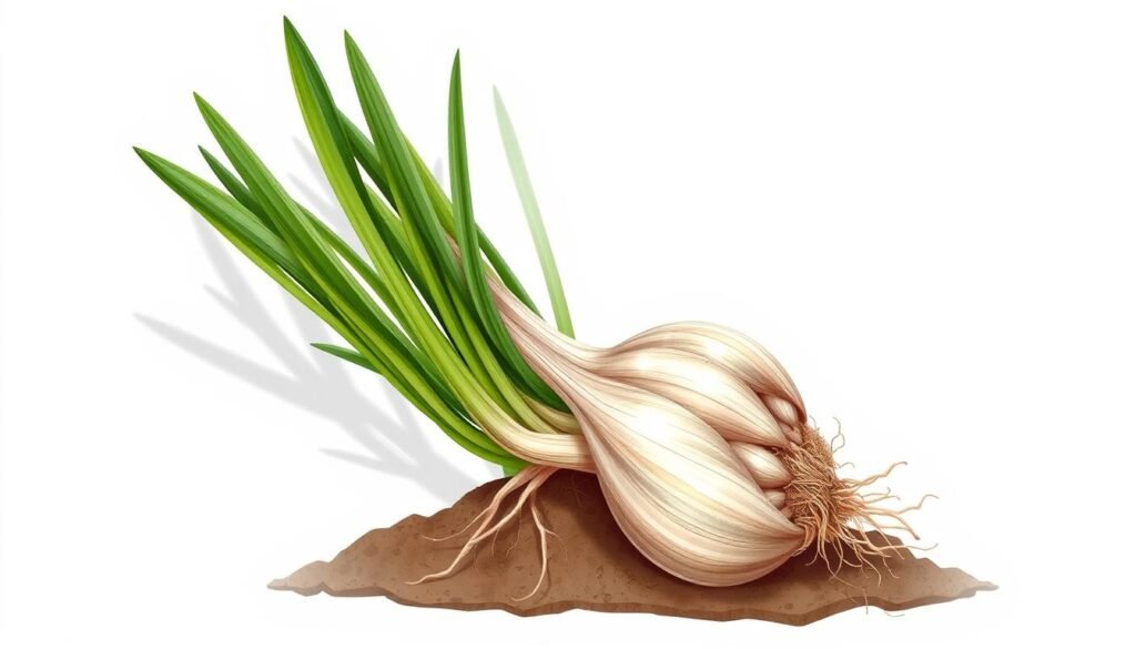 A detailed anatomical illustration of a garlic plant (Allium sativum), showcasing its intricate structure. The image depicts the plant's underground bulb, with its individual cloves and scaly skin, as well as the lush, green foliage emerging from the soil. The roots, stems, and leaves are depicted with precision, highlighting the plant's delicate vascular system and intricate cellular structure. The illustration is rendered in a clean, technical style, with a neutral background that allows the viewer to focus on the subject. Subtle lighting from the side casts soft shadows, emphasizing the three-dimensional form of the plant. The overall effect is a visually captivating and informative representation of the garlic plant's anatomy, suitable for educational purposes.