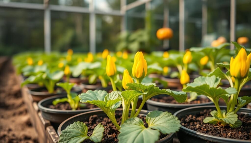 A detailed close-up view of a garden scene showcasing potted pumpkin seedlings, or "Kürbisse vorziehen", in a greenhouse setting. The pumpkin plants have lush green leaves and vibrant yellow flowers emerging, indicating the beginning stages of growth and development. Soft, diffused natural lighting filters in through the glass walls, creating a warm, tranquil atmosphere. The focus is on the foreground, capturing the delicate pumpkin blossoms and their surrounding potting soil in sharp detail. The middle ground features additional pumpkin plantings at various stages, while the background subtly hints at the larger greenhouse environment. The overall composition emphasizes the nurturing and careful cultivation of these pumpkin seedlings, setting the stage for a successful harvest.