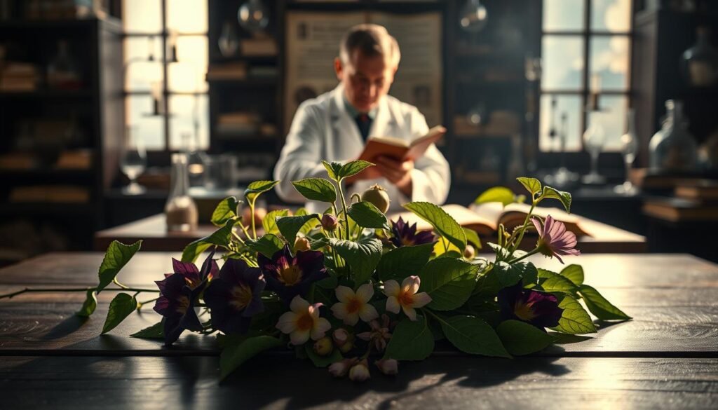 A dimly lit laboratory setting. In the foreground, a collection of medicinal nightshade plants - belladonna, mandrake, and deadly nightshade - meticulously arranged on a dark wooden table. Soft, warm lighting casts gentle shadows, highlighting the delicate leaves and vibrant flowers. In the middle ground, a scientist in a white lab coat examines the specimens, surrounded by alchemical glassware and ancient tomes. The background blurs into a hazy, antiquated atmosphere, evoking a sense of mysterious, historical knowledge. The composition conveys the dichotomy of these plants - their potent healing properties balanced by their deadly toxicity, waiting to be unlocked by the skilled hand of the practitioner.