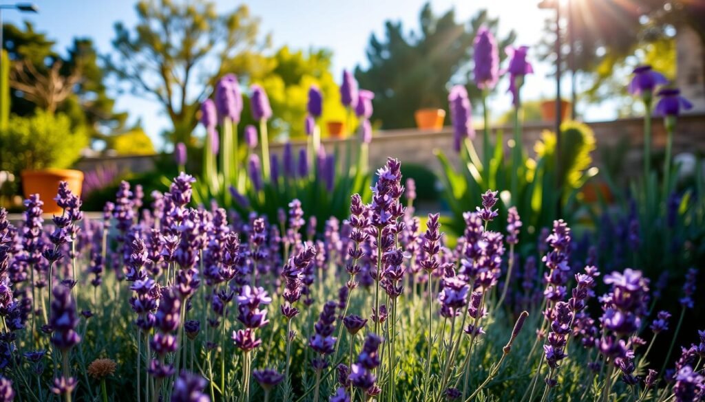 A lush Mediterranean garden in warm afternoon light, showcasing a vibrant array of purple-hued perennials. In the foreground, clusters of delicate lavender blossoms sway gently in a soft breeze, their slender stems emerging from a bed of fragrant, silvery-green foliage. In the midground, larger, boldly colored purple flowers - perhaps alliums or irises - rise up, their striking forms commanding attention. Beyond, a stone wall or terracotta pots hint at the garden's architectural elements, while in the distance, a shimmering blue sky and verdant trees create a tranquil, sun-dappled backdrop. The overall scene evokes a sense of serene, Mediterranean beauty, perfectly suited to showcase the vibrant, purple-hued plants that thrive in this lush, inviting garden.