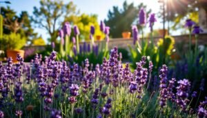 A lush Mediterranean garden in warm afternoon light, showcasing a vibrant array of purple-hued perennials. In the foreground, clusters of delicate lavender blossoms sway gently in a soft breeze, their slender stems emerging from a bed of fragrant, silvery-green foliage. In the midground, larger, boldly colored purple flowers - perhaps alliums or irises - rise up, their striking forms commanding attention. Beyond, a stone wall or terracotta pots hint at the garden's architectural elements, while in the distance, a shimmering blue sky and verdant trees create a tranquil, sun-dappled backdrop. The overall scene evokes a sense of serene, Mediterranean beauty, perfectly suited to showcase the vibrant, purple-hued plants that thrive in this lush, inviting garden.