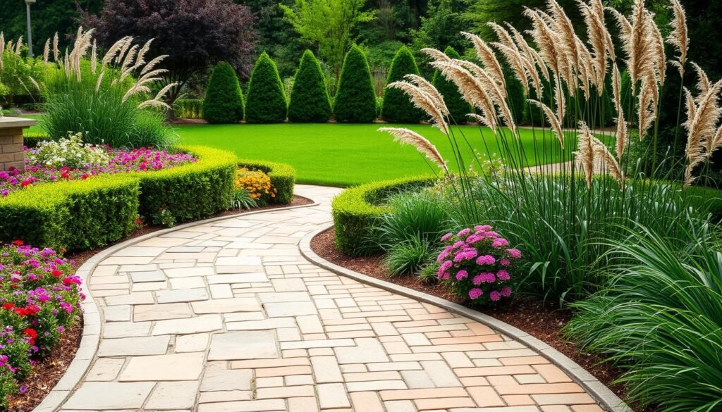 A lush and inviting front yard garden with a harmonious blend of different flooring materials. In the foreground, a winding stone pathway leads through a tapestry of vibrant perennials and neatly trimmed hedges. The middle ground features a mix of natural paving stones and warm-toned brick pavers, creating a visually interesting and textured surface. Tall, swaying ornamental grasses frame the scene, while in the background, a verdant lawn and carefully pruned trees provide a verdant backdrop. The lighting is soft and natural, casting a gentle glow over the entire composition. The overall atmosphere is one of tranquility and curb appeal, inviting visitors to explore the well-designed outdoor space.