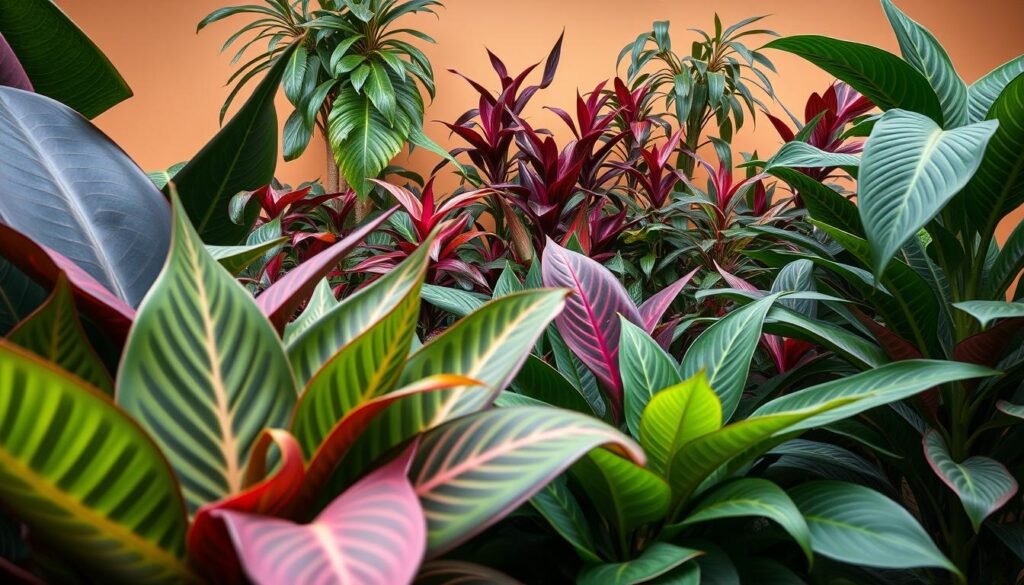 A lush and verdant display of popular Calathea varieties, shot against a soft, diffused backdrop. In the foreground, vibrant leaves in shades of green, purple, and red unfurl gracefully, their intricate patterns and textures highlighted by gentle side-lighting. In the middle ground, a diverse array of Calathea cultivars stand tall, their foliage cascading and overlapping to create a visually striking composition. The background fades into a warm, muted tone, allowing the plants to take center stage. The overall scene exudes a sense of tranquility and natural beauty, perfectly capturing the essence of the &quot;Beliebteste Calathea-Sorten im Überblick&quot; section.