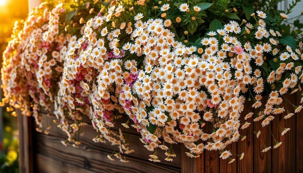 A lush arrangement of vibrant summer flowers cascading over the edge of a rustic wooden planter, bathed in warm, golden-hour light. Delicate, daisy-like blooms in shades of white, pink, and yellow sway gracefully, their petals softly illuminated. The flowers are densely packed, creating a full, bountiful display that spills forth in a natural, organic manner. Subtle shadows and highlights accentuate the textural details of the petals and foliage. The overall scene evokes a sense of tranquility and natural beauty, fitting for the "Wuchseigenschaften und Erscheinungsbild" section of the article.