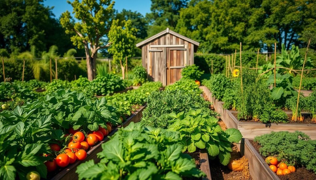 A lush, bountiful vegetable garden with neatly organized raised beds, lush green foliage, and vibrant, thriving produce. The foreground showcases a variety of vegetables - tomatoes, leafy greens, carrots, and herbs - growing in well-tended rows. In the middle ground, a rustic wooden shed or greenhouse stands, its weathered exterior complementing the natural setting. The background features a backdrop of verdant trees and a clear, blue sky, creating a sense of tranquility and self-sufficiency. The lighting is warm and natural, casting a gentle glow over the entire scene. The overall atmosphere conveys a harmonious, sustainable lifestyle focused on self-reliance and the joys of homegrown nourishment.