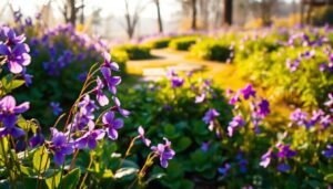 A lush garden filled with vibrant violets in early spring. In the foreground, delicate violet-hued flowers sway gently in a soft breeze, their petals catching the warm, golden afternoon light. The middle ground reveals a mix of verdant foliage and additional violet blooms, creating a visually striking contrast. In the background, a hint of a stone pathway meanders through the tranquil scene, bordered by hazy, indistinct trees. The overall composition has a serene, dreamy quality, evoking the beauty and renewal of the spring season. Captured with a wide-angle lens to showcase the depth and scale of the garden setting.