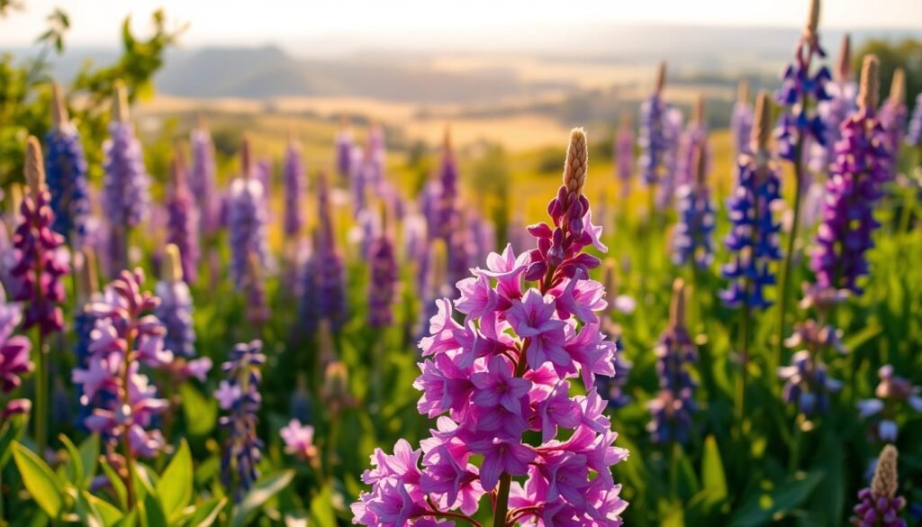 A lush garden in each season, adorned with vibrant purple blooms. In the foreground, delicate lilac flowers dance in a gentle breeze, their petals catching the warm sunlight. The middle ground showcases a variety of lupins, irises, and lilacs, creating a harmonious tapestry of purple hues. In the background, a dreamy landscape unfolds, with rolling hills and a distant horizon bathed in a soft, golden glow. Crisp, clear lighting illuminates the scene, highlighting the intricate details of the flowers and the depth of the composition. The overall mood is one of tranquility and natural beauty, inviting the viewer to immerse themselves in the enchanting world of purple flowers throughout the seasons.