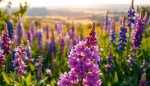 A lush garden in each season, adorned with vibrant purple blooms. In the foreground, delicate lilac flowers dance in a gentle breeze, their petals catching the warm sunlight. The middle ground showcases a variety of lupins, irises, and lilacs, creating a harmonious tapestry of purple hues. In the background, a dreamy landscape unfolds, with rolling hills and a distant horizon bathed in a soft, golden glow. Crisp, clear lighting illuminates the scene, highlighting the intricate details of the flowers and the depth of the composition. The overall mood is one of tranquility and natural beauty, inviting the viewer to immerse themselves in the enchanting world of purple flowers throughout the seasons.