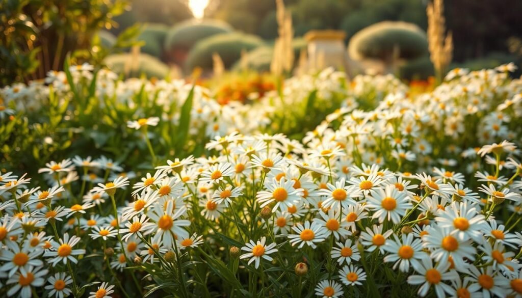 A lush garden in golden afternoon light, featuring a vibrant array of margeritenähnliche blumen. Delicate white petals radiate from cheerful yellow centers, swaying gently in a light breeze. The flowers are clustered in naturalistic drifts, creating a softly undulating floral tapestry that fills the foreground. Verdant foliage frames the scene, with a backdrop of blurred trees and shrubs in the middle distance. Warm, diffused lighting casts a tranquil, inviting atmosphere, highlighting the flowers' intricate textures and vibrant colors. The overall composition conveys a sense of serene beauty, perfectly suited to showcase these charming, margeritenähnliche blossoms in a garden setting.
