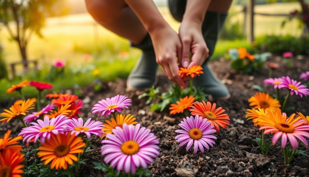 A lush garden scene with vibrant summer flowers being carefully planted by a gardener against a backdrop of a warm, sunny day. The foreground features a variety of colorful blooms resembling daisies or marguerites, their petals delicately unfurling as the gardener's hands tenderly places them into the rich, earthy soil. The middle ground showcases a well-tended flowerbed, with additional clusters of these cheerful flowers interspersed with greenery. The background depicts a tranquil, verdant setting, perhaps with the suggestion of a picturesque garden or countryside. Soft, diffused natural lighting casts a pleasant, golden glow over the entire scene, creating an inviting and serene atmosphere.