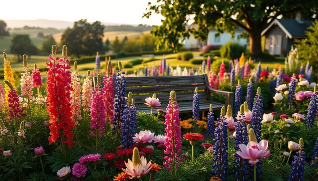 A lush garden scene with vibrant, well-tended perennial flowers in the foreground. Various types of flowering plants, such as delphinium, lupine, and peonies, arranged in a naturalistic composition with soft, diffused lighting casting a warm, golden glow. The middle ground features a rustic wooden bench nestled among the blooms, inviting the viewer to pause and appreciate the beauty. In the background, a tranquil, out-of-focus landscape with rolling hills, mature trees, and a hint of a picturesque cottage or shed provides a serene, idyllic setting. The overall mood is one of peaceful, abundant growth and careful, loving cultivation of these treasured garden flowers.