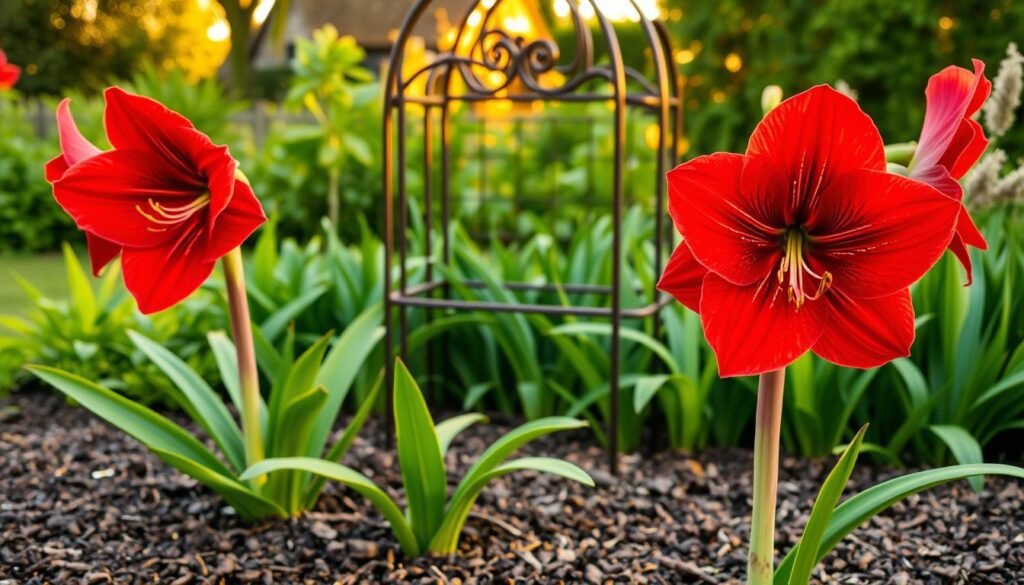 A lush garden setting with a vibrant Amaryllis plant in the foreground, the large crimson blooms commanding attention. The plant is carefully tended, the soil rich and well-drained, with a backdrop of verdant foliage. Warm, golden-hour lighting casts a soft glow, highlighting the delicate veining and texture of the petals. In the middle ground, a wrought-iron garden trellis supports the plant, its intricate design complementing the natural forms. The overall scene conveys a sense of tranquility and the nurturing care required to cultivate these magnificent flowers.