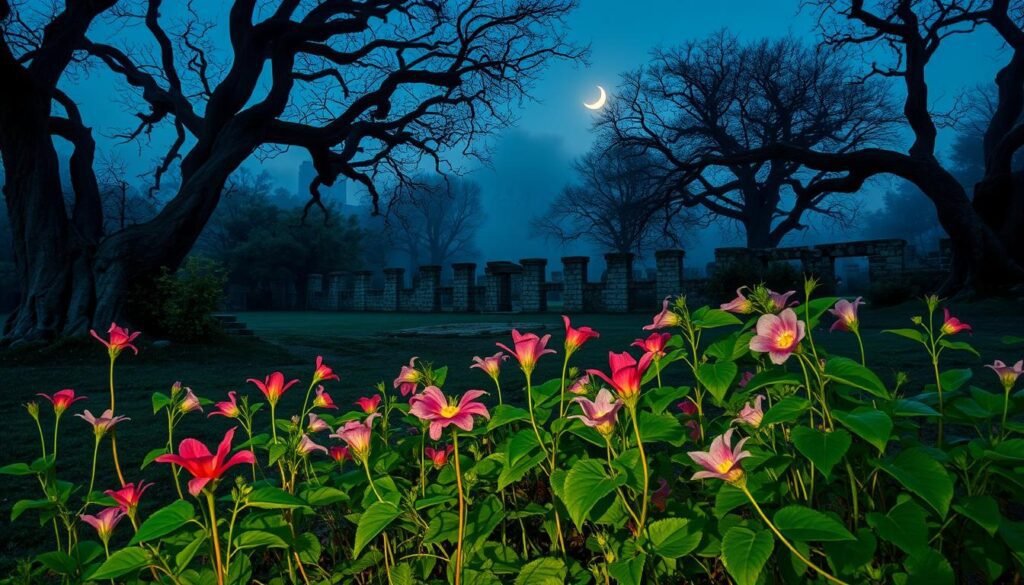 A lush, historical garden at dusk, with ancient gnarled trees casting long shadows across the landscape. In the foreground, a variety of nightshade plants sway gently in the cool breeze, their vibrant, otherworldly blooms glowing softly under the light of a crescent moon. In the middle ground, weathered stone ruins suggest the remnants of a forgotten civilization, hinting at the long and complex history of these mysterious and powerful plants. The background is shrouded in a hazy, atmospheric mist, lending an air of mystery and the occult. The scene is imbued with a sense of deep, primordial magic, inviting the viewer to ponder the dual nature of these plants - their beauty and their danger.