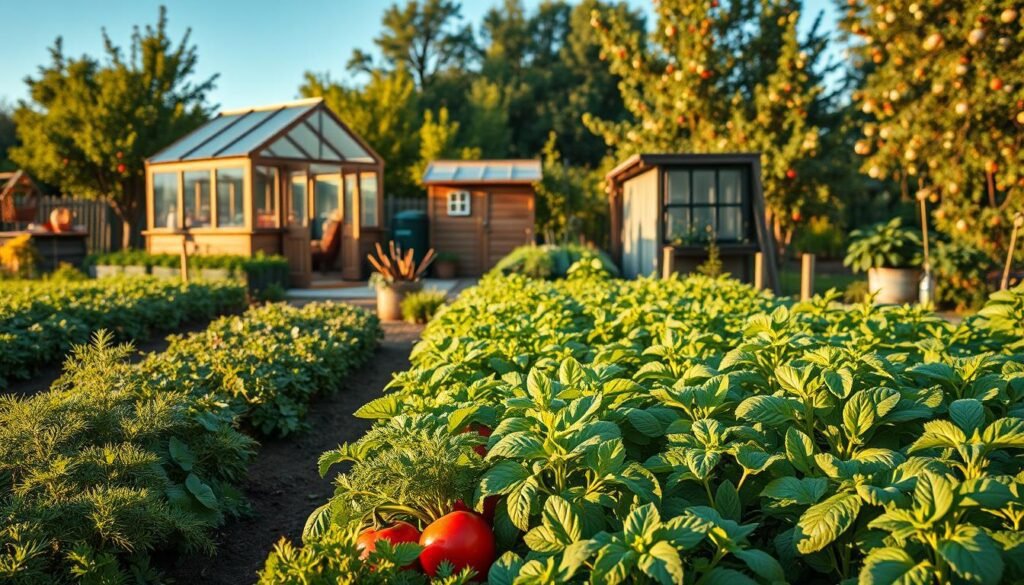 A lush, organic self-sustenance garden in the warm afternoon light. In the foreground, neatly arranged rows of thriving vegetables and herbs - carrots, tomatoes, leafy greens, and fragrant basil. In the middle ground, a small greenhouse with a glass roof, enabling year-round cultivation. In the background, a wooden shed with gardening tools and a compost bin, surrounded by fruit trees in full bloom. The scene evokes a sense of self-reliance, harmony with nature, and the modern homesteader's lifestyle. The lighting is soft and golden, casting a peaceful ambiance over the entire composition. Captured with a wide-angle lens to showcase the garden's layout and abundant productivity.