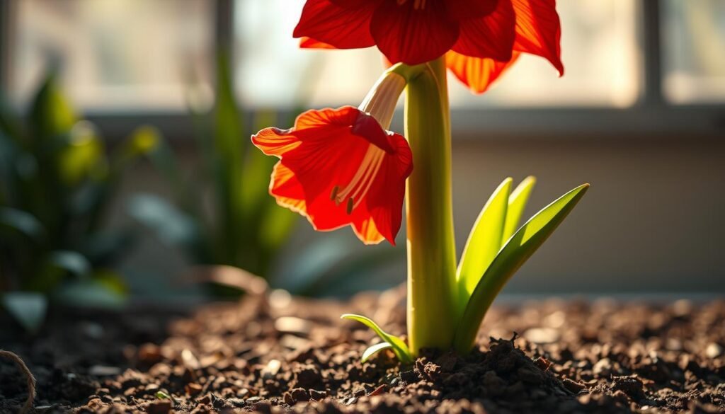 A lush, photorealistic image of a freshly bloomed amaryllis plant, its vibrant red petals cascading outward against a soft, out-of-focus background. The lighting is warm and natural, casting gentle shadows that accentuate the plant's intricate details. The scene is captured from a low, eye-level angle, drawing the viewer's attention to the plant's base and the soil surrounding it. In the background, blurred foliage and a muted, earthy color palette create a serene, botanical atmosphere, complementing the plant's striking presence. The overall composition conveys a sense of harmony and the careful nurturing required to maintain the amaryllis after its stunning bloom.
