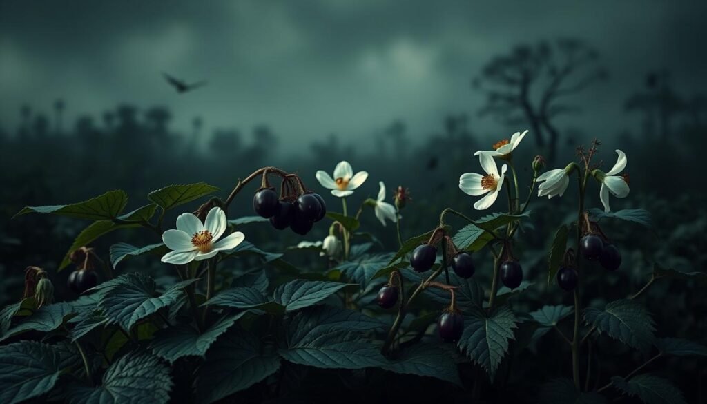 A lush, photorealistic scene of a group of toxic nightshade plants (Solanum nigrum) against a muted, atmospheric background. The foreground features the distinctive dark green leaves and purple-black berries of the nightshade, conveyed with botanical precision. The middle ground showcases the plants' delicate white flowers, their petals backlit by a soft, hazy light. In the background, a moody, ethereal landscape sets the stage, perhaps a shadowy forest or an overgrown garden, evoking a sense of danger and the uncanny. The overall composition emphasizes the natural, almost haunting beauty of these deadly nightshade specimens, capturing their alluring yet perilous essence.
