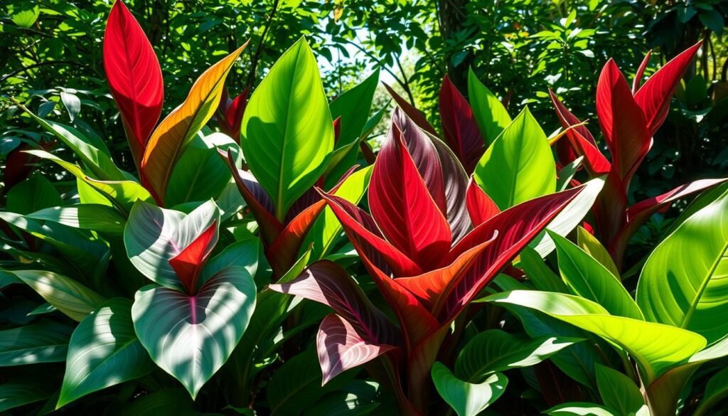 A lush, shaded garden scene showcasing a vibrant collection of Calathea arten flourishing in a half-shaded setting. The exotic foliage casts a soft, dappled light, with large, glossy leaves in a variety of hues from deep green to reddish-purple. Delicate patterns and textures adorn the graceful, upright stems, creating an elegant, tropical ambiance. Sunlight filters through the surrounding foliage, casting gentle shadows and highlights that accentuate the plants' natural beauty. The scene is captured with a wide-angle lens, framing the Calathea arten in their ideal half-shaded habitat, inspiring viewers to cultivate these stunning houseplants in their own homes.