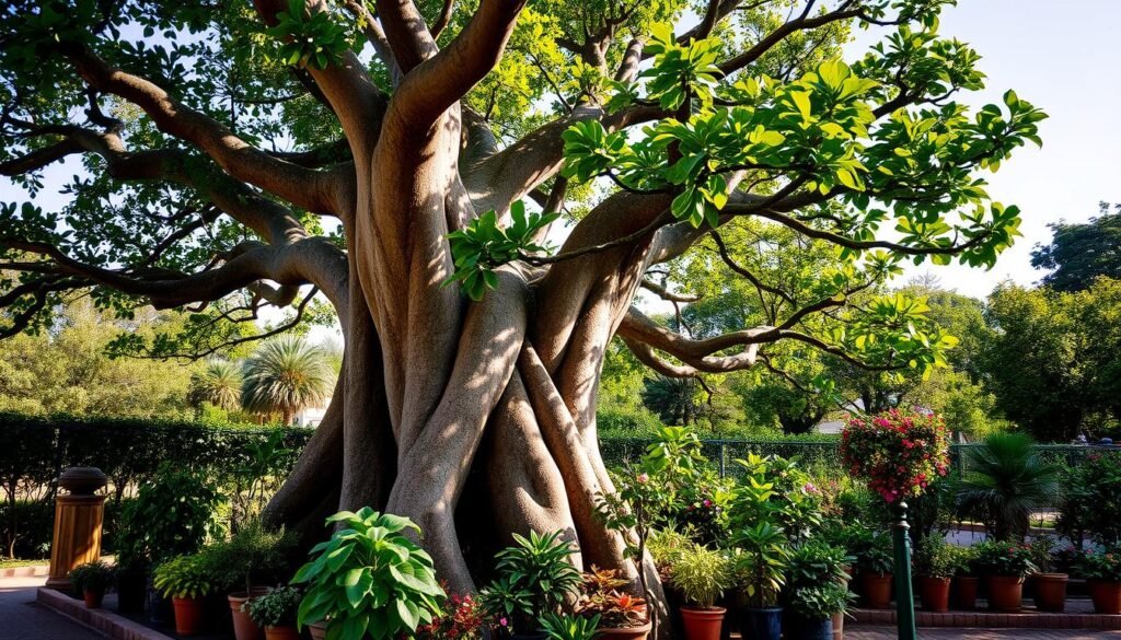 A lush, verdant Affenbrotbaum (baobab tree) standing tall, its gnarled trunk and sprawling branches casting soft, dappled shadows across a well-tended garden bed. The tree's large, lobed leaves rustle gently in the warm breeze, while its thick, twisted roots anchor it firmly to the earth. Sunlight filters through the canopy, illuminating the rich, vibrant greens and creating a serene, tranquil atmosphere. In the foreground, a variety of flourishing potted plants surround the tree's base, their leaves and flowers complementing the Affenbrotbaum's majestic presence. The scene conveys a sense of harmony, with the Affenbrotbaum standing as the centerpiece of a carefully cultivated, thriving oasis. affenbrotbaum pflege-2