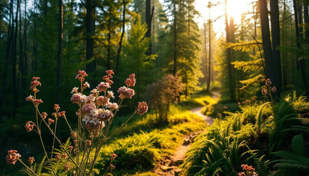 A lush, verdant forest bathed in warm, golden sunlight. In the foreground, a cluster of wild, flowering trees sway gently in the breeze, their delicate blossoms unfurling in shades of pink, white, and lavender. The middle ground reveals a winding forest path, overgrown with ferns and moss, inviting the viewer to explore the natural wonder. In the distance, towering evergreens rise majestically, their canopies filtering the light and casting a serene, ethereal glow. The overall scene exudes a sense of tranquility and the rejuvenating power of nature's springtime rebirth.
