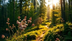 A lush, verdant forest bathed in warm, golden sunlight. In the foreground, a cluster of wild, flowering trees sway gently in the breeze, their delicate blossoms unfurling in shades of pink, white, and lavender. The middle ground reveals a winding forest path, overgrown with ferns and moss, inviting the viewer to explore the natural wonder. In the distance, towering evergreens rise majestically, their canopies filtering the light and casting a serene, ethereal glow. The overall scene exudes a sense of tranquility and the rejuvenating power of nature's springtime rebirth.