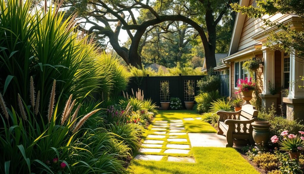 A lush, verdant front garden on the south side of a cozy suburban home. Tall, swaying ornamental grasses and vibrant flowering plants create a natural, privacy-enhancing border along the property line. Sunlight filters softly through the greenery, casting warm, dappled shadows across the path leading to the front door. Stone or wood garden benches provide comfortable seating areas, inviting visitors to pause and admire the carefully curated landscape. Mature trees and shrubs in the background add depth and a sense of tranquility, while strategically placed planters and trellises add visual interest and subtle vertical elements. The overall mood is one of serene seclusion, a peaceful oasis that shields the home's occupants from prying eyes while still maintaining an inviting, welcoming atmosphere.
