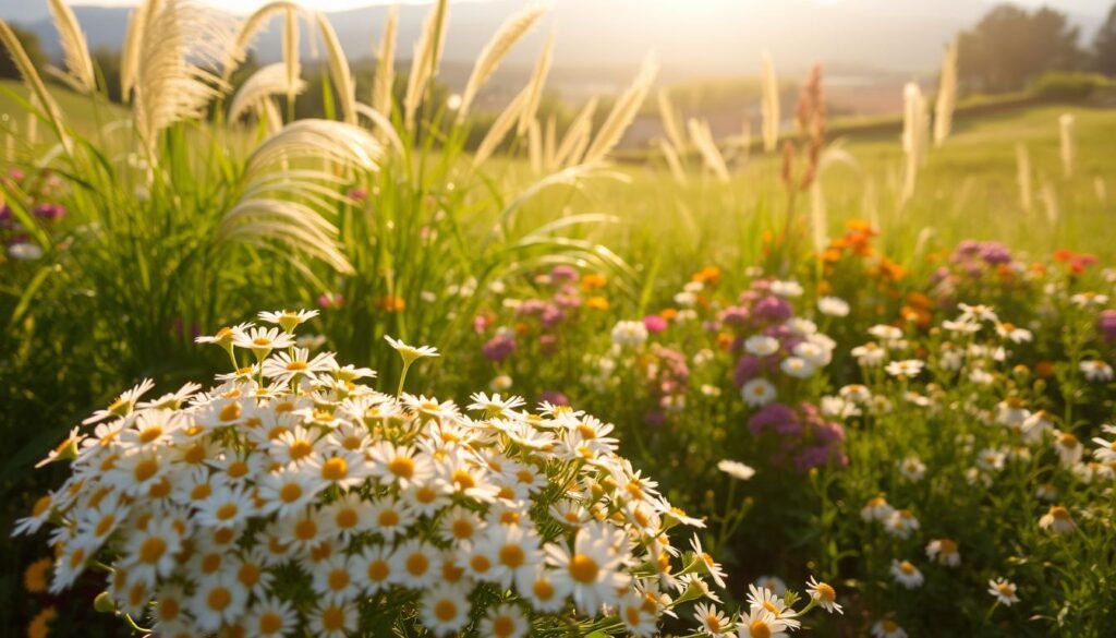 A lush, verdant garden bursting with vibrant blooms under the warm summer sun. In the foreground, a tightly-packed cluster of delicate, daisy-like flowers in various shades of white, yellow, and pink, their petals gently swaying in a soft breeze. The middle ground features a diverse array of complementary blooms, including tall, swaying grasses and clusters of smaller flowers in complementary hues. The background is a dreamy, softly-blurred landscape of rolling hills and a distant tree line, bathed in a golden glow. The overall scene conveys a sense of tranquility, natural beauty, and the ephemeral nature of summer's bounty.
