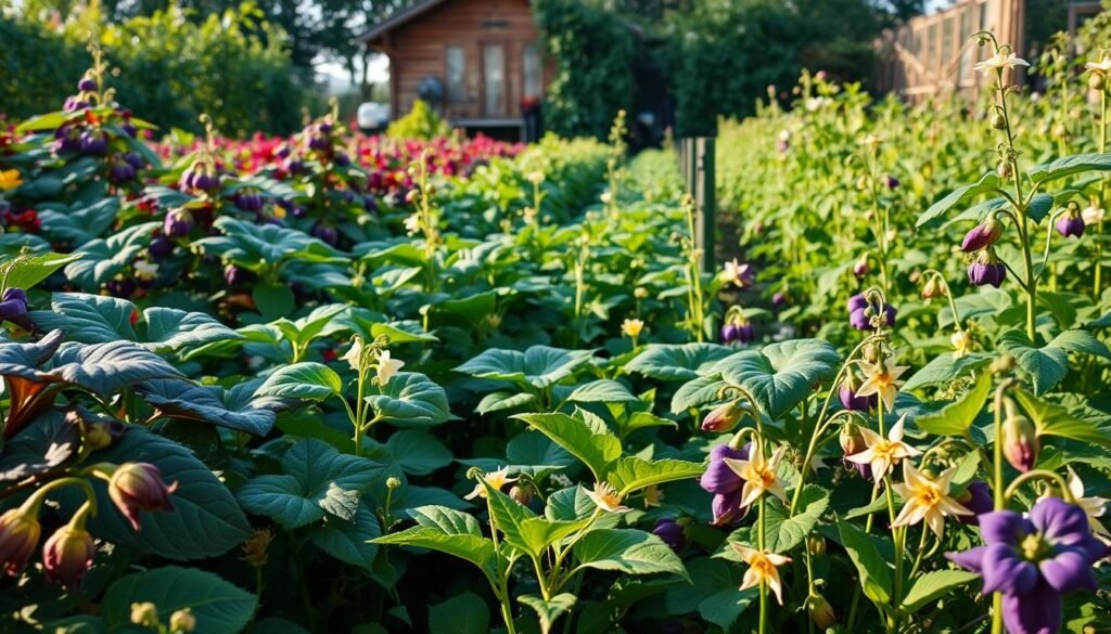 A lush, verdant garden filled with vibrant Nachtschattengewächse plants. The foreground showcases a variety of nightshade species, their large, glossy leaves and delicate flowers in shades of purple, white, and yellow. The middle ground features carefully cultivated rows of these plants, their stems elegantly reaching towards the sun. In the background, a rustic wooden shed or greenhouse stands, providing shelter and an ideal growing environment. Soft, natural lighting filters through the scene, casting warm shadows and highlighting the plants' intricate textures. The overall atmosphere is one of serene, botanical tranquility, inviting the viewer to learn more about the careful cultivation of these fascinating Giftpflanzen.