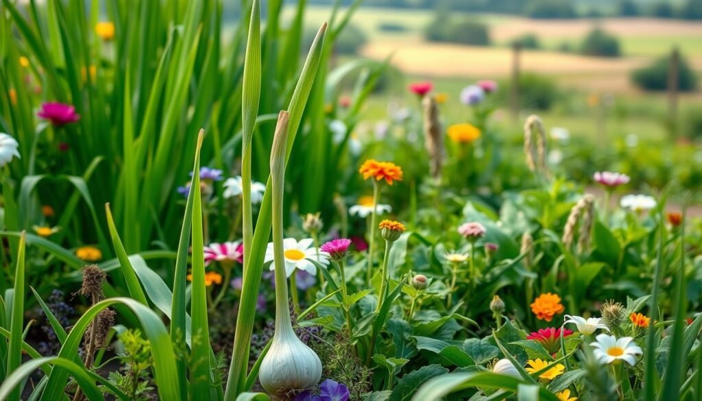 A lush, verdant garden scene showcasing a thriving garlic plant (Allium sativum) in a diverse, well-planned companion planting scheme. In the foreground, the garlic plant's broad, green leaves and slender stalks rise up, their distinctive aroma filling the air. Surrounding the garlic are a variety of complementary plants, including fragrant herbs, vibrant flowers, and leafy greens, creating a visually striking and mutually beneficial polyculture. The mid-ground features a mix of these companion plants, their colors and textures harmonizing to form a dense, healthy ecosystem. In the background, a blurred, out-of-focus landscape hints at the larger garden setting, with soft, natural lighting casting a warm, inviting glow over the scene. The overall composition conveys a sense of balance, abundance, and the beauty of intentional, sustainable gardening practices.
