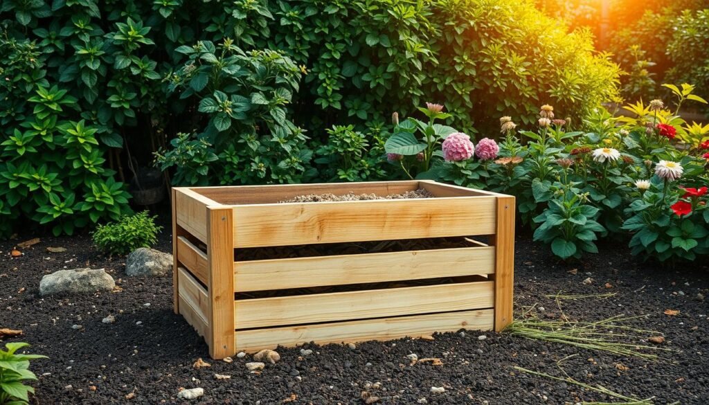 A lush, verdant garden setting with a well-designed compost bin at the center. The bin is made of natural wood and has a slatted construction, allowing for airflow and optimal decomposition. The ground around the bin is covered in a layer of rich, dark soil, interspersed with small rocks and pebbles for proper drainage. The background features a variety of thriving plants, including leafy shrubs and fragrant flowers, creating a harmonious and inviting atmosphere. Warm, diffused sunlight filters through the foliage, casting a gentle glow over the scene. The overall composition emphasizes the importance of a well-structured compost system and its integration into a healthy, productive garden environment.