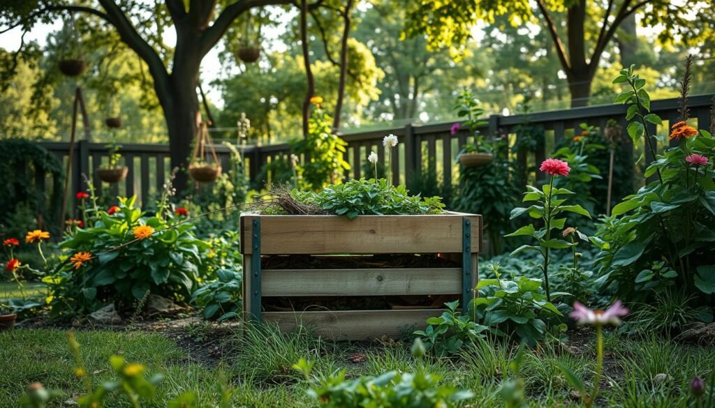 A lush, verdant garden setting with a well-designed compost bin taking center stage. The compost bin features a raised, slatted design to facilitate airflow and efficient decomposition. Surrounding the compost bin, a variety of thriving plants and flowers add pops of color, creating a harmonious and natural landscape. Soft, diffused sunlight filters through the canopy of trees, casting a warm, inviting glow on the scene. The overall atmosphere evokes a sense of environmentally-conscious gardening and a commitment to sustainable practices. The angle captures the compost bin at eye level, allowing the viewer to imagine themselves actively engaged in the composting process within this peaceful, backyard sanctuary.