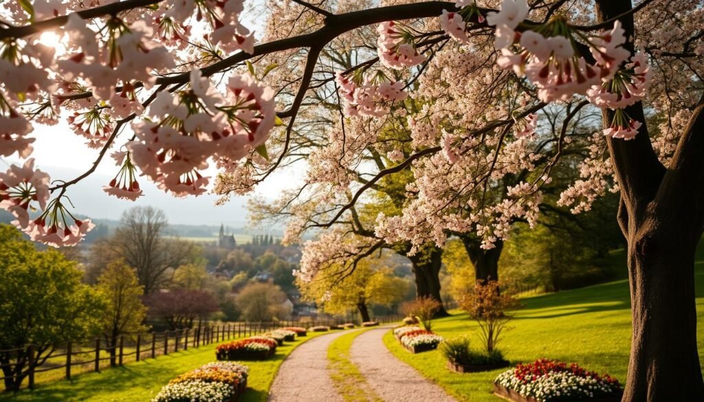 A lush, verdant landscape in the heart of Germany, where blooming trees herald the arrival of spring. In the foreground, delicate pink and white blossoms cascade from gnarled branches, framing a serene country path flanked by well-tended flower beds. The middle ground features towering oaks and maples, their vibrant foliage basking in the warm, golden light of the afternoon sun. In the distance, a picturesque village nestled among rolling hills comes into view, its charming architecture and church steeples peeking through the leafy canopy. The scene exudes a sense of tranquility and natural harmony, inviting the viewer to immerse themselves in the rejuvenating embrace of the changing seasons.