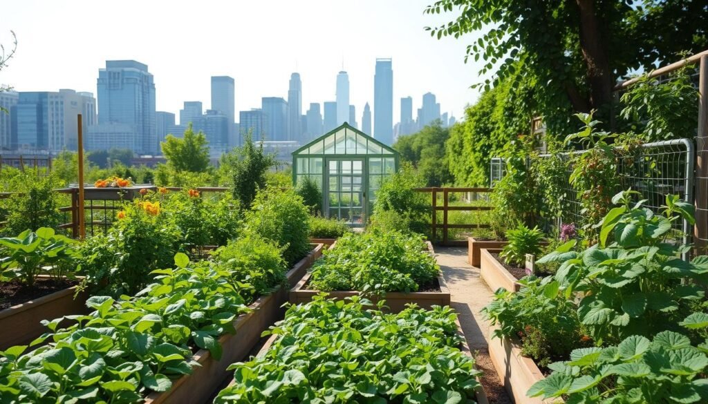 A lush, verdant urban garden thrives amidst the concrete jungle. In the foreground, raised planter beds overflow with a vibrant array of vegetables, herbs, and leafy greens, their leaves gently swaying in the warm breeze. Scattered throughout the space, small fruit trees and berry bushes provide a bountiful harvest. The middle ground showcases a quaint greenhouse, its glass panels reflecting the soft, natural lighting that filters in. In the background, the iconic skyline of a modern city rises, a testament to the harmony between urban living and self-sufficient agriculture. The overall scene exudes a sense of tranquility and self-reliance, perfectly capturing the essence of urban gardening for the modern, sustainability-minded individual.